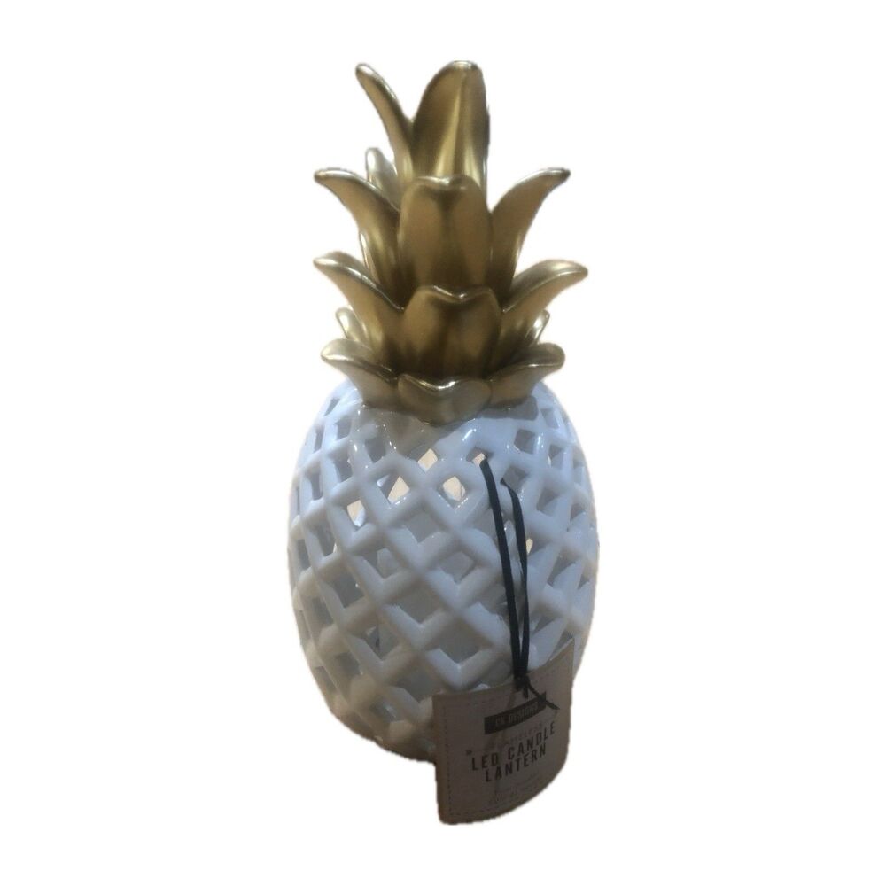 CK Designs Ceramic Pineapple LED Lantern White Gold Battery Operated 12”